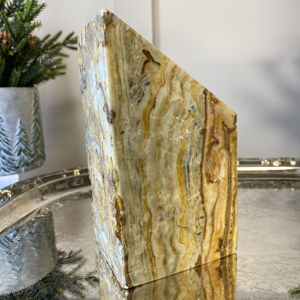 Vintage Onyx Stone Marble Bookend 1 Piece Wedge Decor Natural Striped Brown